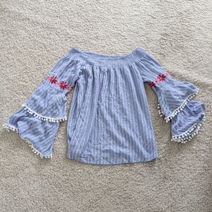 Women's Striped Off-Shoulder Top with Embroidered Details